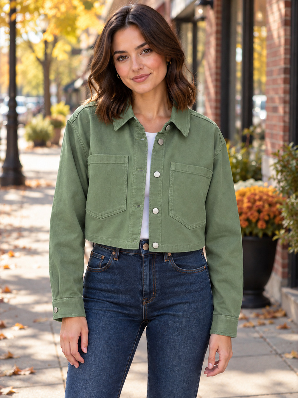 Sonoma Womens XS Olive Green Cropped Twill Shacket Button Front Jacket NWT